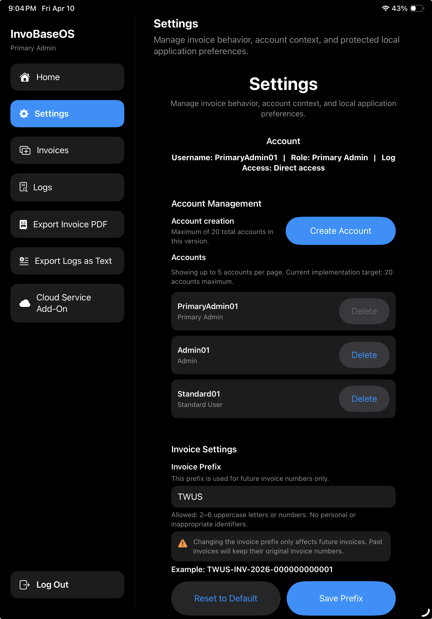 InvoBaseOS Settings Screenshot